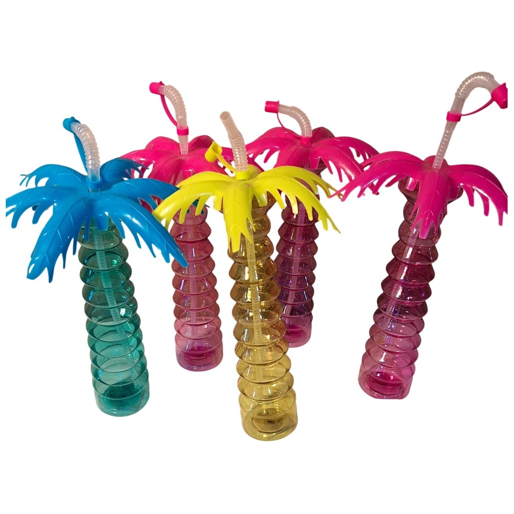 Set of 6 Palm Tree Cups Tumblers with Straws Tropical Beach Party Drinks